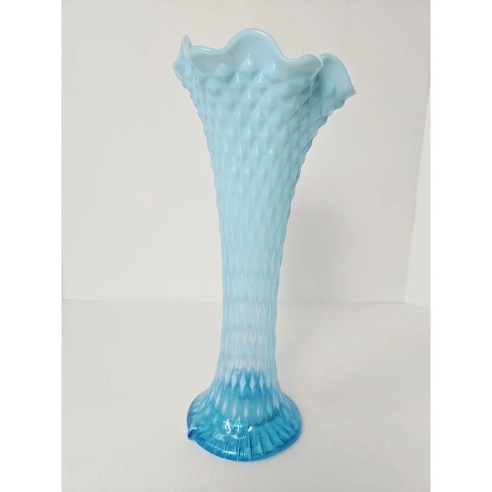 Glass blue diamond pattern vase opalescent 10 1/2